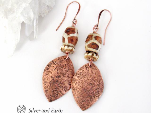 Copper Earrings with African Giraffe Print Agate Stones and Carved Bone Beads