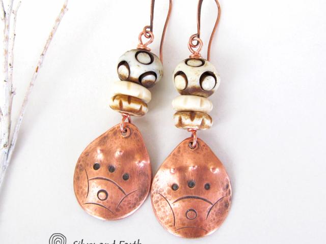 Copper Boho Earrings with Carved Bone - African Tribal Jewelry