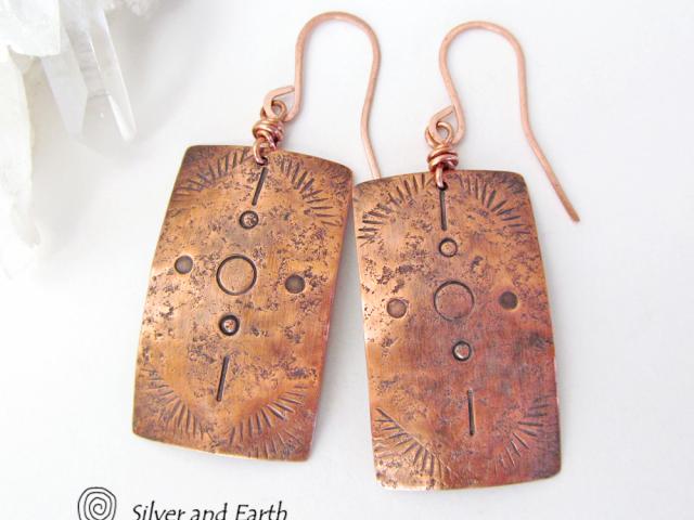 Copper Earrings with Hand Stamped Tribal Pattern - Southwest Style Jewelry