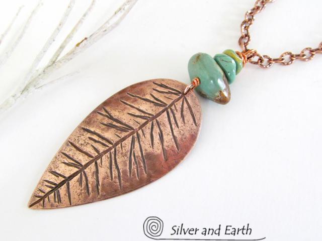 Copper Feather Necklace with Natural Turquoise - Handcrafted Southwest Jewelry