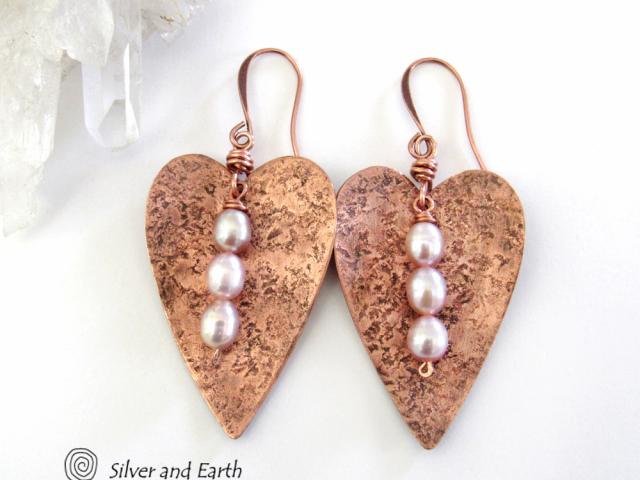 Copper Heart Earrings with Pearls - 7th Wedding Anniversary Gifts for Women