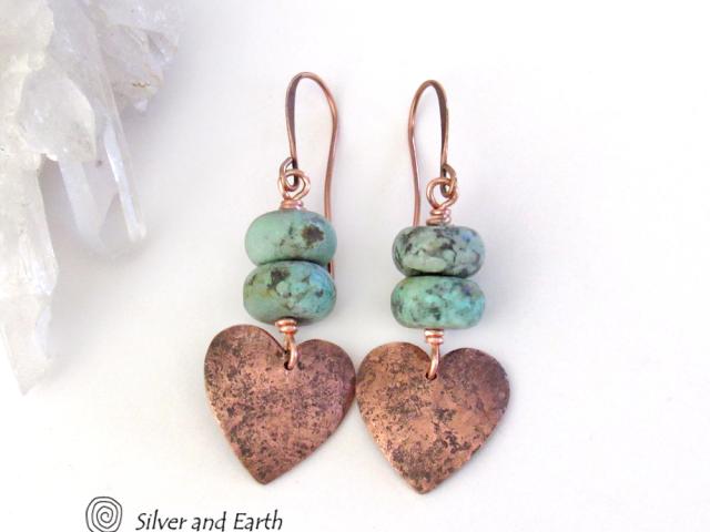 Copper Heart Earrings with African Turquoise Stones - Romantic Gifts for Her