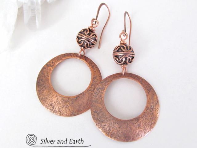Copper Hoop Earrings with Filigree Beads - Chic Modern Jewelry