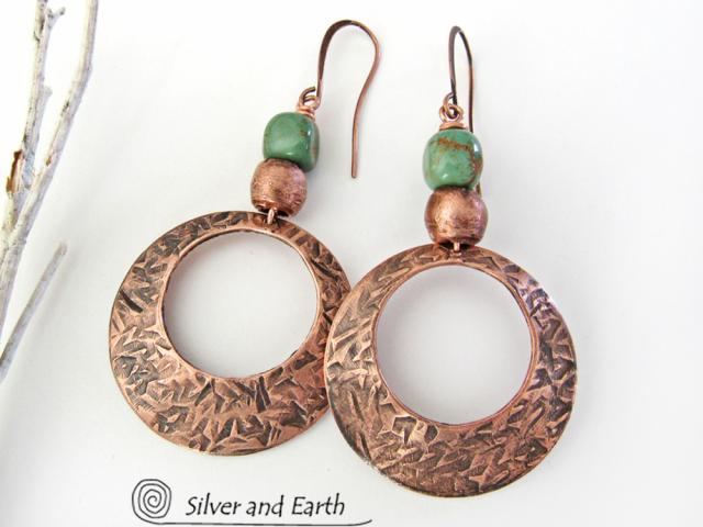 Turquoise and Copper Hoop Dangle Earrings - Earthy Modern Jewelry