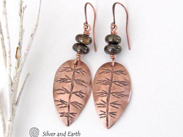 Copper Leaf Earrings with Brown Bronzite Stones - Nature Jewelry