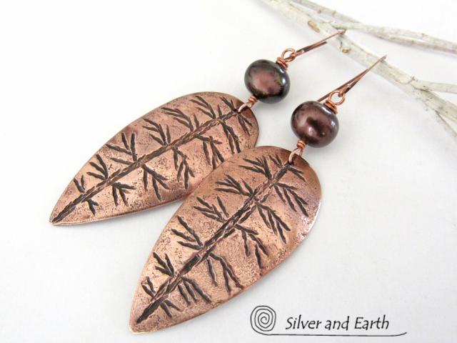 Copper Leaf Earrings with Bronze Pearls - Modern Nature Jewelry