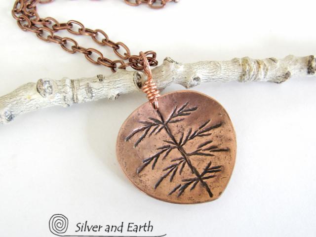 Copper Leaf Necklace with Hand Stamped Design - Earthy Nature Jewelry