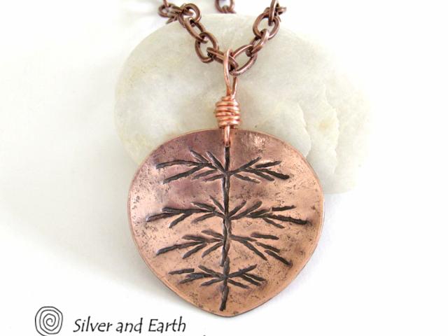 Copper Leaf Necklace with Hand Stamped Design - Earthy Nature Jewelry