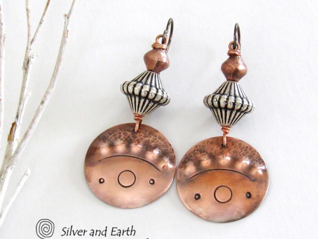 Tribal Copper Earrings with Mixed Metal Beads - Boho Chic Jewelry