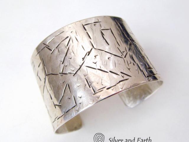 Textured Wide Sterling Silver Cuff Bracelet - Handcrafted Silver Jewelry