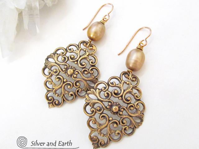 Brass Filigree Earrings with Gold Pearls - Ornate Filigree Jewelry