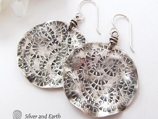 Round Textured Sterling Silver Earrings - Handmade Modern Silver Jewelry