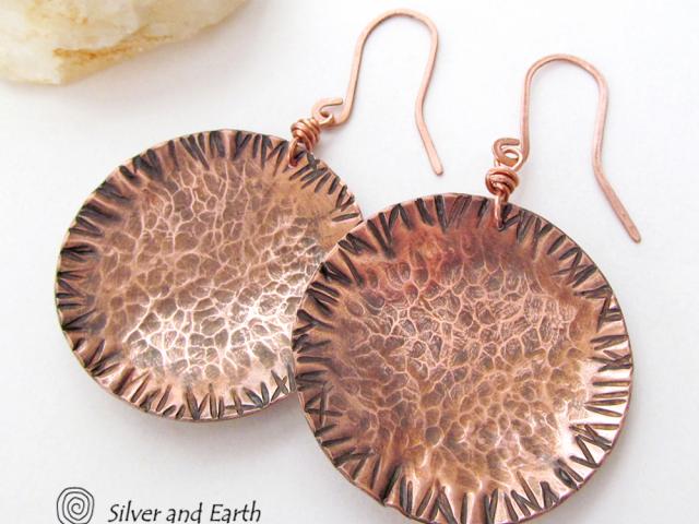 Large Copper Earrings with Rustic Hammered Texture - Hand Forged Metal Jewelry