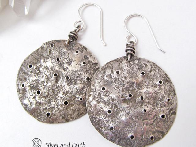 Hammered Sterling Silver Earrings with Rustic, Organic Texture - Earthy Jewelry