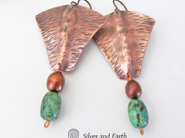 Copper Earrings with African Turquoise & Pearls - Hand Forged Metal Jewelry