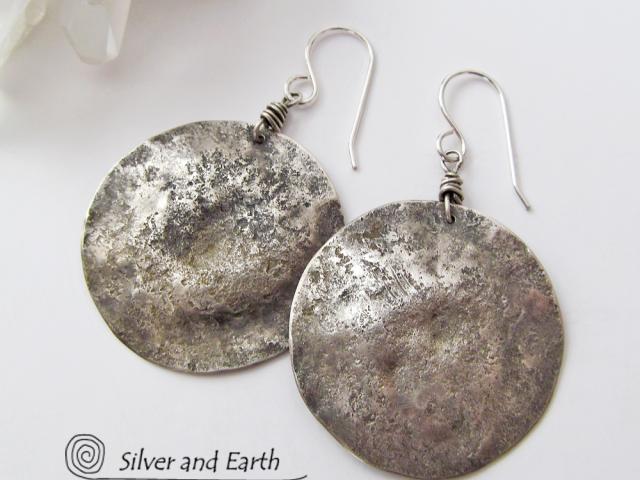 Hammered Sterling Silver Moon Earrings - Organic Earthy Silver Jewelry