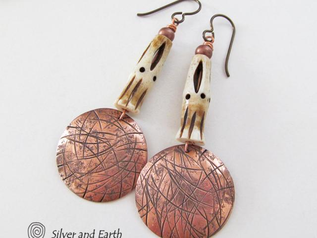 African Tribal Earrings with Copper Dangles & African Carved Bone