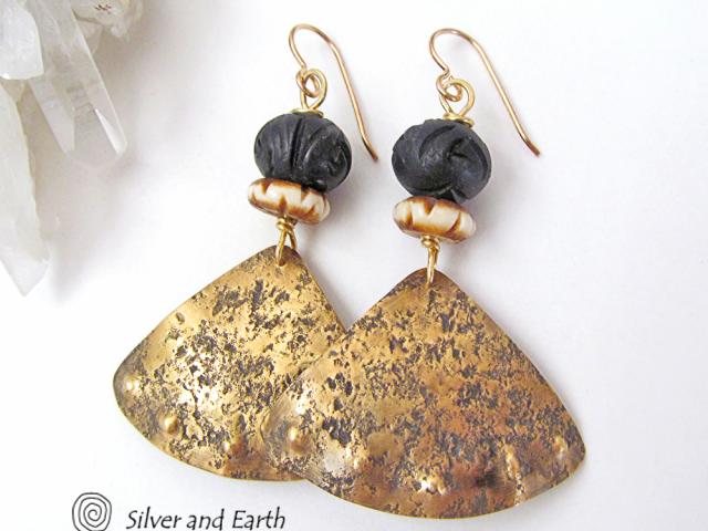 Gold Brass Tribal Earrings with African Carved Bone & Wood Beads