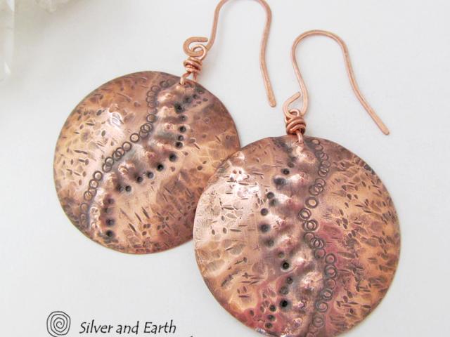 Large Hammered Copper Dangle Earrings with Rustic Tribal Texture