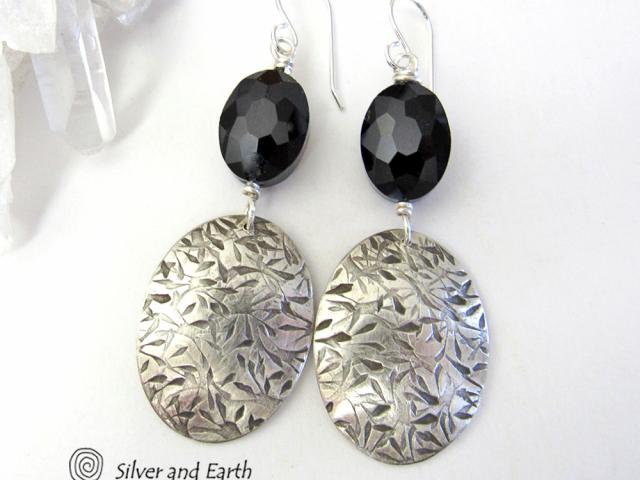 Sterling Silver Oval Dangle Earrings with Faceted Black Crystal Glass Beads
