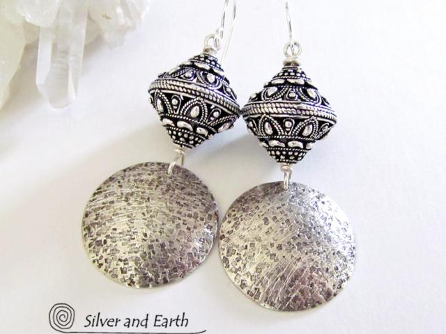 Sterling Silver Earrings with Big Ornate Bali Beads - Bali Style Jewelry