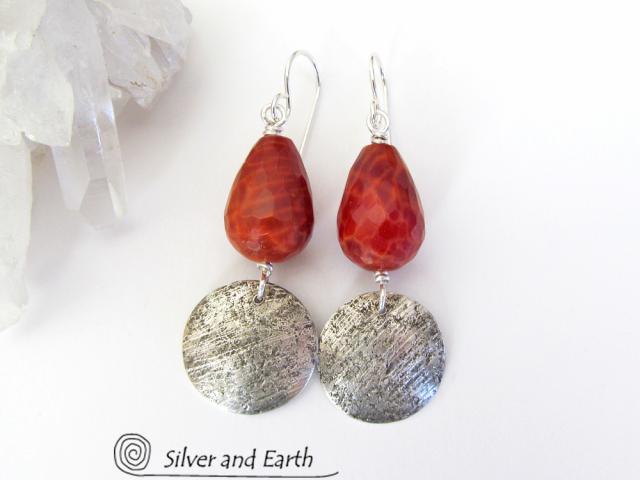 Sterling Silver Dangle Earrings with Faceted Fire Agate Gemstones