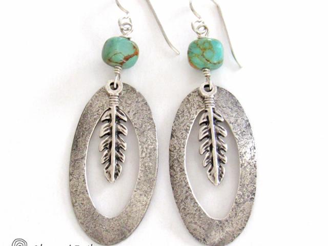 Sterling Silver Hoop Earrings with Turquoise and Feathers - Southwest Jewelry