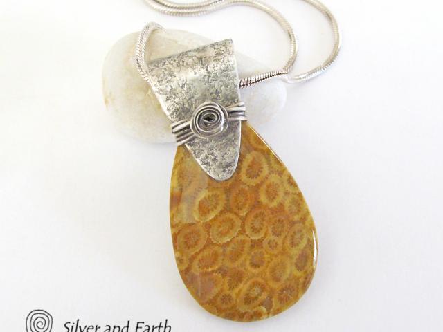 Fossil Coral Sterling Silver Necklace - Natural Fossil Jewelry