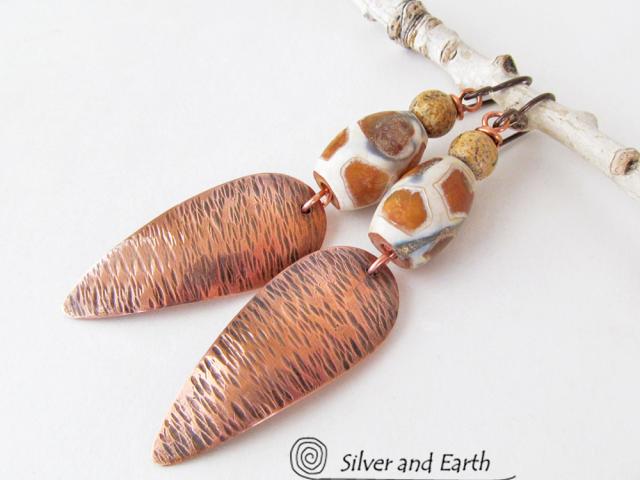 African Tribal Copper Earrings with Etched Agate Stones - African Style Jewelry