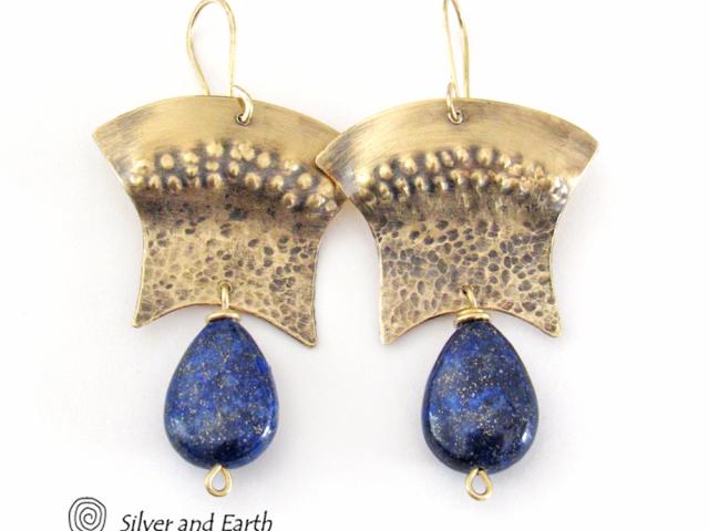 Gold Brass Egyptian Earrings with Lapis Lazuli Gemstones - Bold Exotic Jewelry