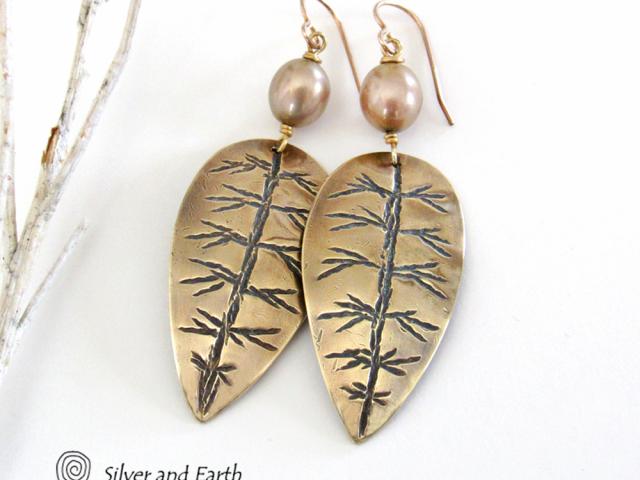 Gold Brass Leaf Earrings with Gold Pearls - Elegant Nature Inspired Jewelry