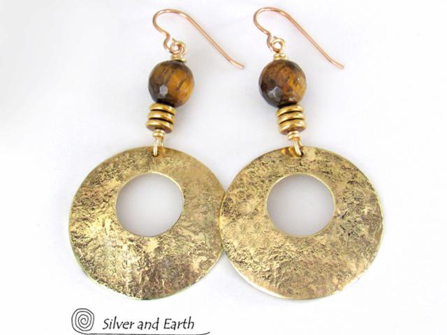 Gold Brass Hoop Dangle Earrings with Faceted Tiger's Eye Gemstones