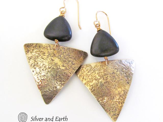 Gold Brass Triangle Earrings with Black Onyx - Modern Contemporary Jewelry