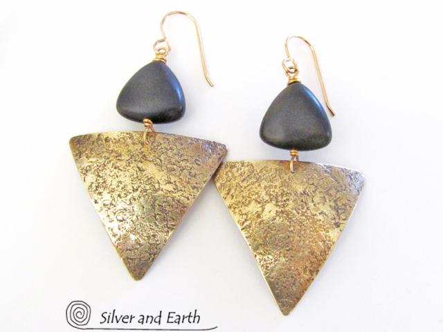 Gold Brass Triangle Earrings with Black Onyx - Modern Contemporary Jewelry