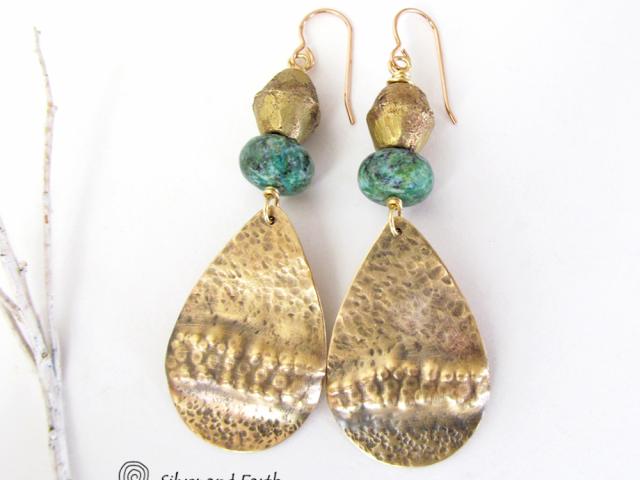 Gold Brass Tribal Earrings with Chrysocolla Stones and African Brass Beads