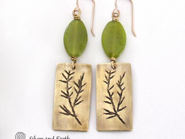 Gold Brass Earrings with Twig Design & Green Serpentine Stones - Nature Jewelry