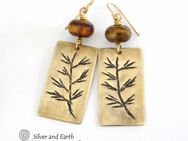 Gold Brass Earrings with Twig Design & Tiger's Eye Stones - Nature Jewelry