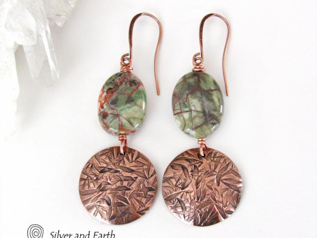 Textured Copper Dangle Earrings with Green Rhyolite Jasper Stones