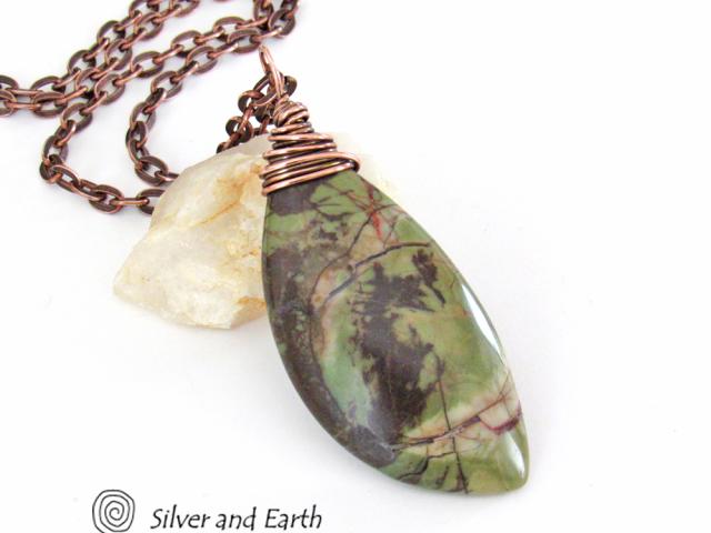 Green Rhyolite Jasper Pendant on Copper Chain - Wire Wrapped Stone Jewelry