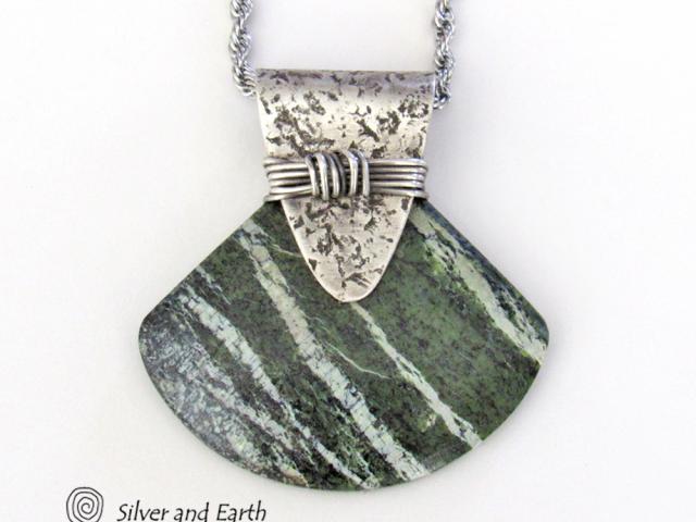 Green Zebra Jasper Sterling Silver Necklace - Unique Natural Stone Jewelry