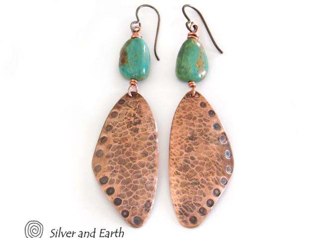 Long Hammered Copper Dangle Earrings with Natural Turquoise Stones