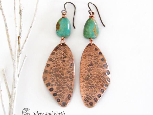 Long Hammered Copper Dangle Earrings with Natural Turquoise Stones