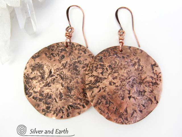 Large Hammered Copper Moon Earrings - Organic Earthy Jewelry