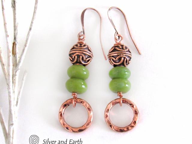 Hammered Copper Dangle Earrings with Green Serpentine Stones & Filigree Beads