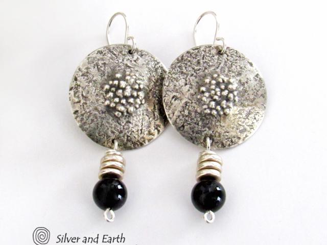 Textured Sterling Silver Earrings with Black Onyx - Chic Modern Stylish Jewelry
