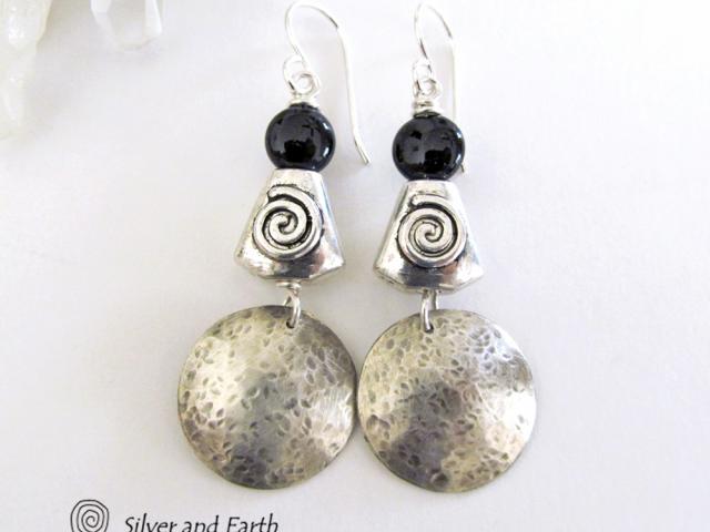 Hammered Sterling Silver Earrings with Spiral Beads & Black Onyx Stones