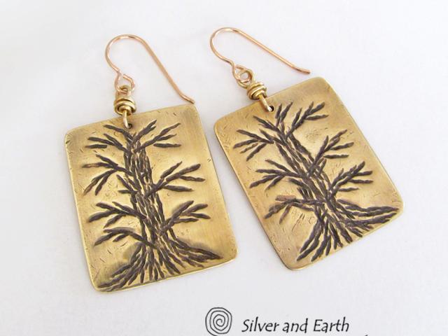 Hand Stamped Brass Tree Earrings - Handcrafted Tree of Life Nature Jewelry