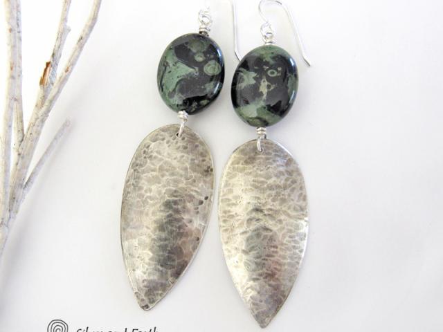 Long Hammered Sterling Silver Earrings with Kambaba Jasper Stones