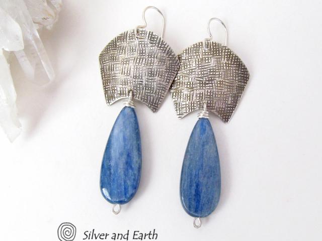 Sterling Silver Tribal Earrings with Dangling Blue Kyanite Gemstones