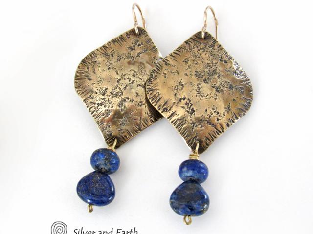 Gold Brass Earrings with Lapis Lazuli Gemstones - Bold Exotic Moroccan Jewelry